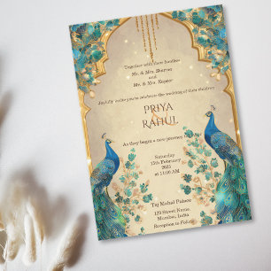 Invitación Boda India de lujo elegante vintage pavo real dora
