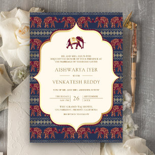 Invitación Boda India de todo en uno con elefante burgundy de