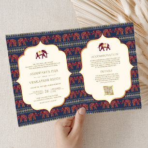 Invitación Boda india elefante azul marino borgoña dorado