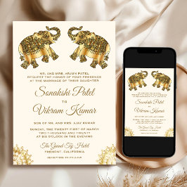 Invitación Boda India Elefantes Étnicos Oro Crema