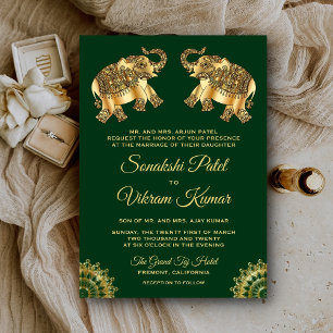 Invitación Boda India Elefantes Étnicos Oro Verde