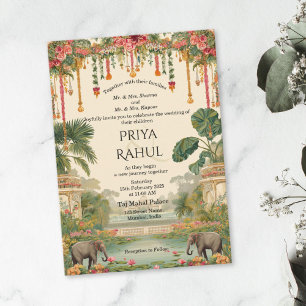 Invitación Boda India Elefantes Florales Vintage Elegantes