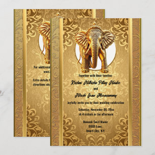 Invitación Boda india elefantes negros damasco asiático oro