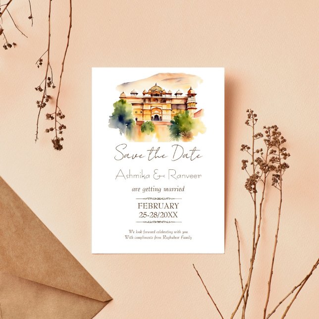 Invitación Boda india en el palacio de Jaipur (Jaipur palace watercolor Indian wedding save the date editable template invitation digital download )