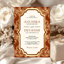 Invitación Boda India Encaje Dorado Naranja Oxidado