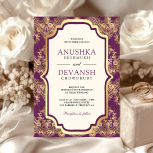 Invitación Boda India Encaje Dorado Púrpura