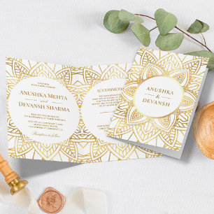 Invitación Boda India Étnica Mandala Blanco y Dorado