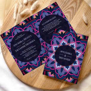 Invitación Boda india étnica mandala rosa azul púrpura