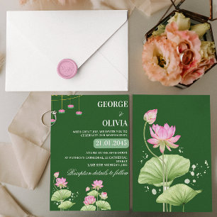 Invitación Boda India Flor de Loto Verde Profundo