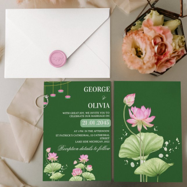 Invitación Boda India Flor de Loto Verde Profundo (Subido por el creador)