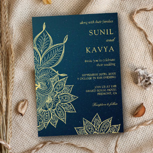 Invitación Boda India Henna Galaxia Azul Oro Moderno