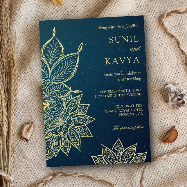 Invitación Boda India Henna Galaxia Azul Oro Moderno (Subido por el creador)