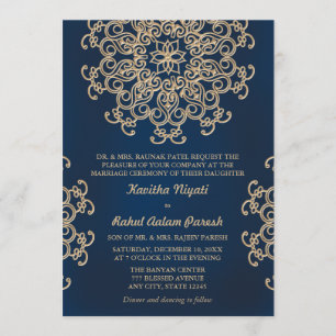 Invitación Boda india inspirada en oro y azul marino