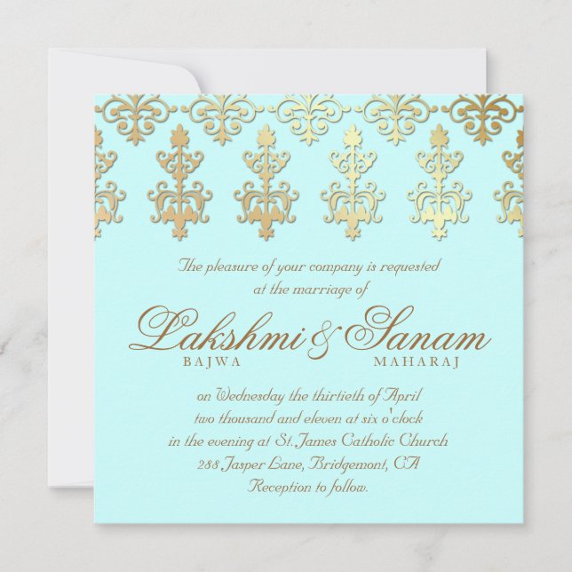 Invitación Boda india invita a bebe dorado Damask azul (Anverso)