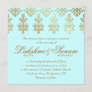 Invitación Boda india invita a bebe dorado Damask azul