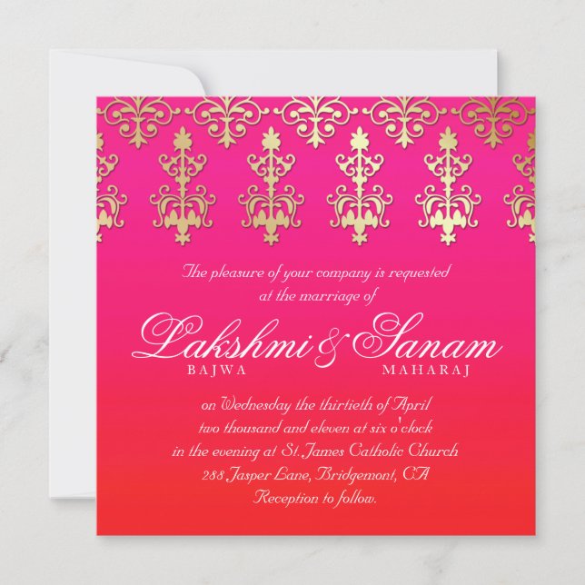 Invitación Boda india invita a la Damasco dorado rojo rosado  (Anverso)
