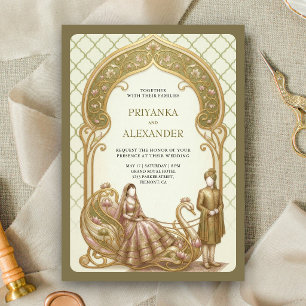 Invitación Boda India Loto Dorado Verde Musgo Cisne Carroza