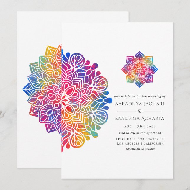 Invitación Boda India Mandala Arcoíris (Anverso / Reverso)