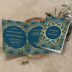 Invitación Boda India Mandala Étnico Azul y Dorado