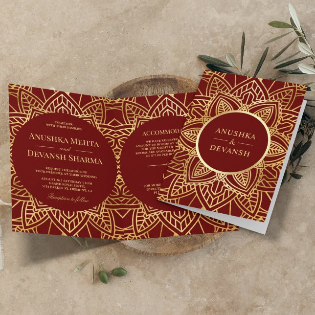 Invitación Boda India Mandala Étnico Rojo y Dorado (Subido por el creador)