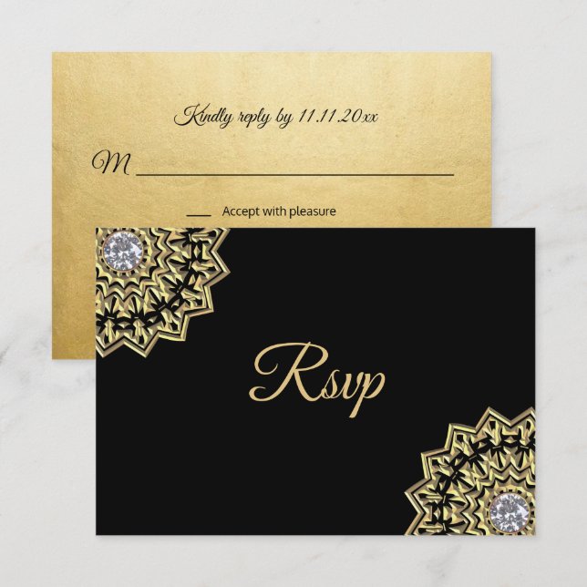 Invitación Boda india Mandala RSVP oro negro personalizado (Anverso / Reverso)
