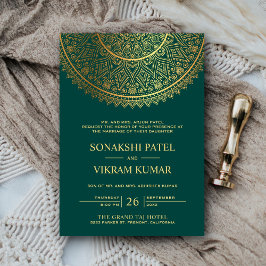 Invitación Boda India Mandala Teal Oro Tradicional