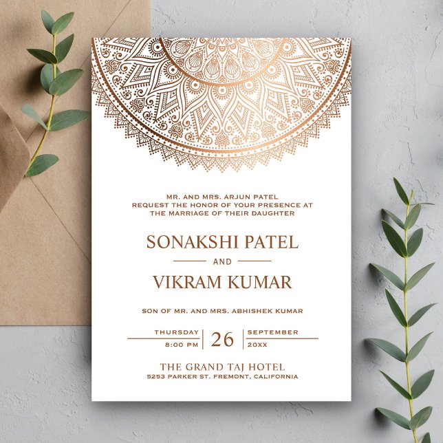 Invitación Boda India Mandala Tradicional de Bronce Blanco (Subido por el creador)