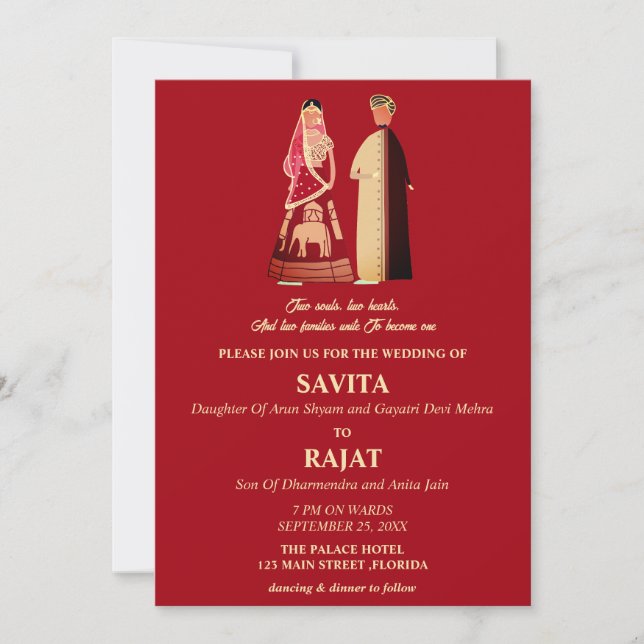 Invitación Boda india moderna roja y dorada (Anverso)