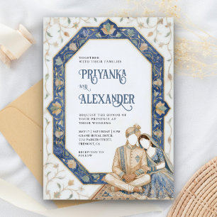 Invitación Boda India Pareja de Mármol Blanco Azul con Tarace