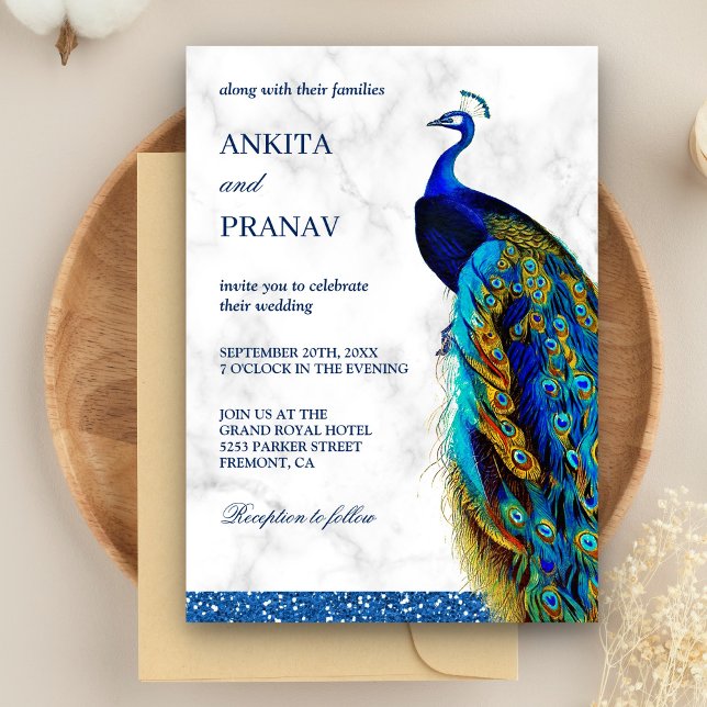 Invitación Boda India Pavo Real Glitter Azul Chic Moderno (Subido por el creador)