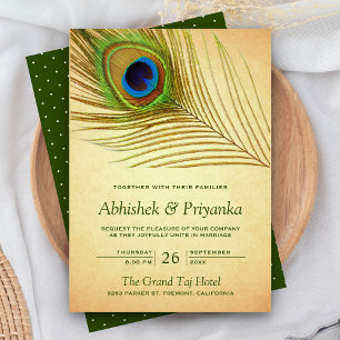 Invitación Boda India Pluma de Pavo Real Verde Vintage