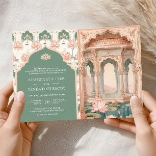 Invitación Boda India Rosa Pálido Verde Pastel Estanque de Lo