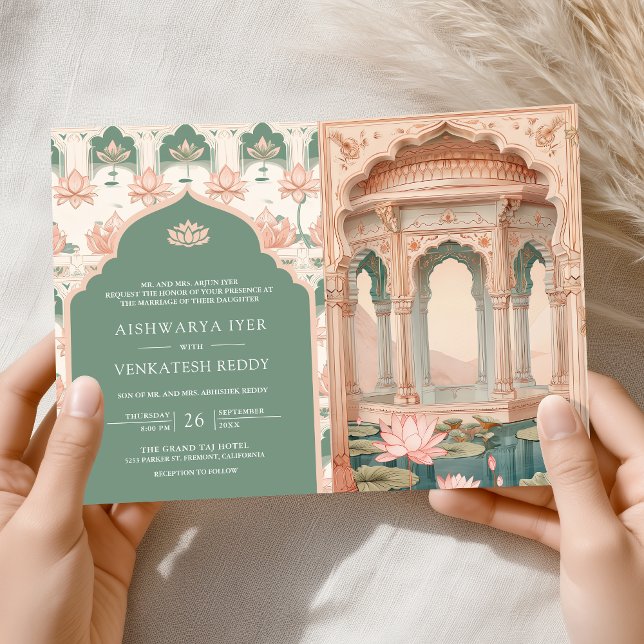 Invitación Boda India Rosa Pálido Verde Pastel Estanque de Lo (Subido por el creador)