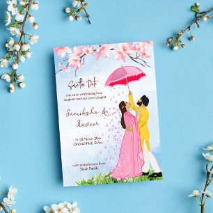 Invitación Boda india salva a la pareja con paraguas