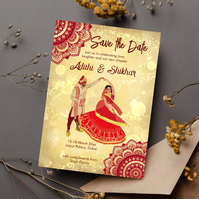 Invitación Boda india salva la fecha marrón y oro (Indian wedding save the date maroon and gold dancing Indian bridal couple mandalas template invite)