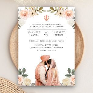 Invitación Boda India Sikh Anand Karaj Floral Melocotón Suave