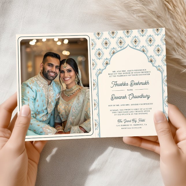 Invitación Boda India Todo en Uno Crema Azul Pastel Ikat (Subido por el creador)