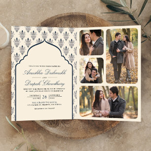 Invitación Boda India Todo en Uno de Crema Azul Marinho Ikat