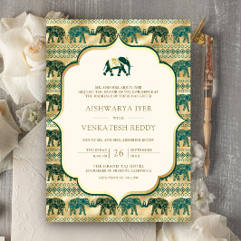 Invitación Boda India Todo en Uno Elefante Esmeralda Crema