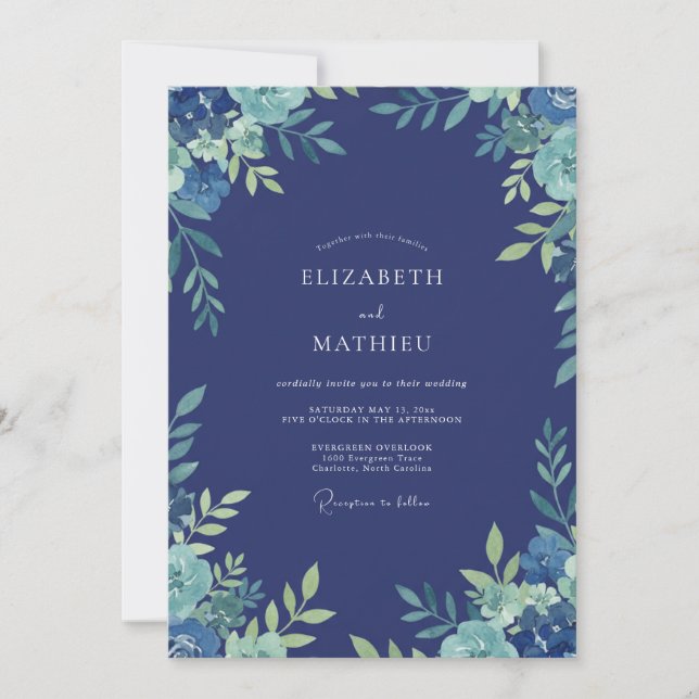 Invitación Boda Indigo Acuática Frondosa (Anverso)