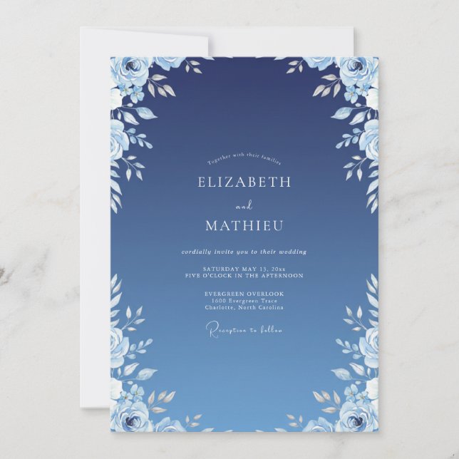 Invitación Boda Índigo Azure Ranunculus Eucalipto (Anverso)