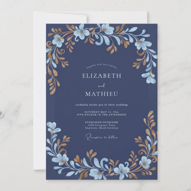 Invitación Boda Indigo con Hojas Doradas (Anverso)