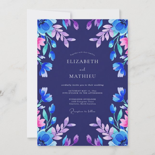 Invitación Boda Indigo Magenta Frondosa (Anverso)