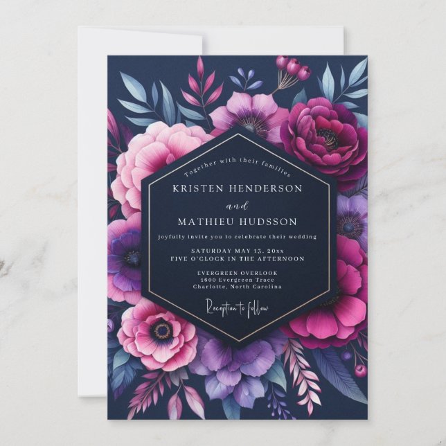 Invitación Boda Indigo Opulento Florido (Anverso)