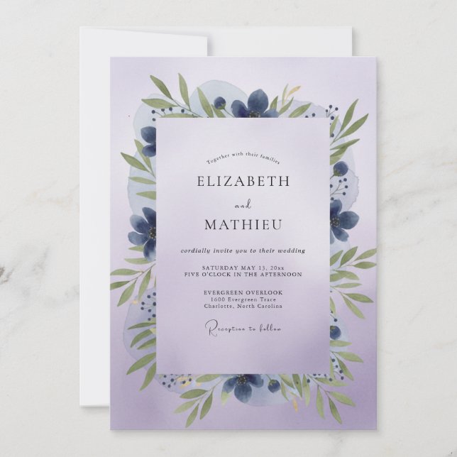 Invitación Boda Indigo Violeta Frondosa (Anverso)