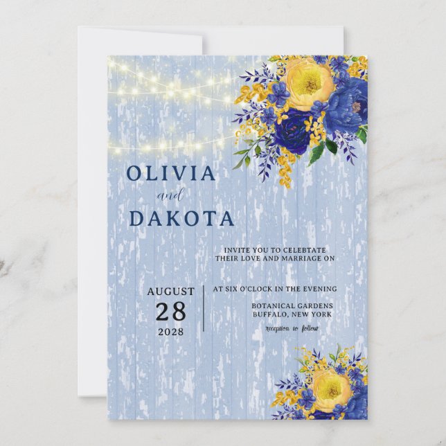 Invitación Boda Indigo Yellow Peony Wood Lights (Anverso)