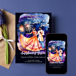 Invitación Boda indio bailando fuegos artificiales ahorran fe