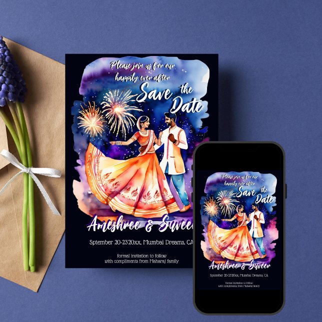Invitación Boda indio bailando fuegos artificiales ahorran fe (Indian wedding save the date template invitation dancing Indian bridal couple fireworks modern )