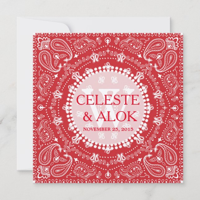 Invitación Boda indio bohemias rojo y blanco paisley (Anverso)