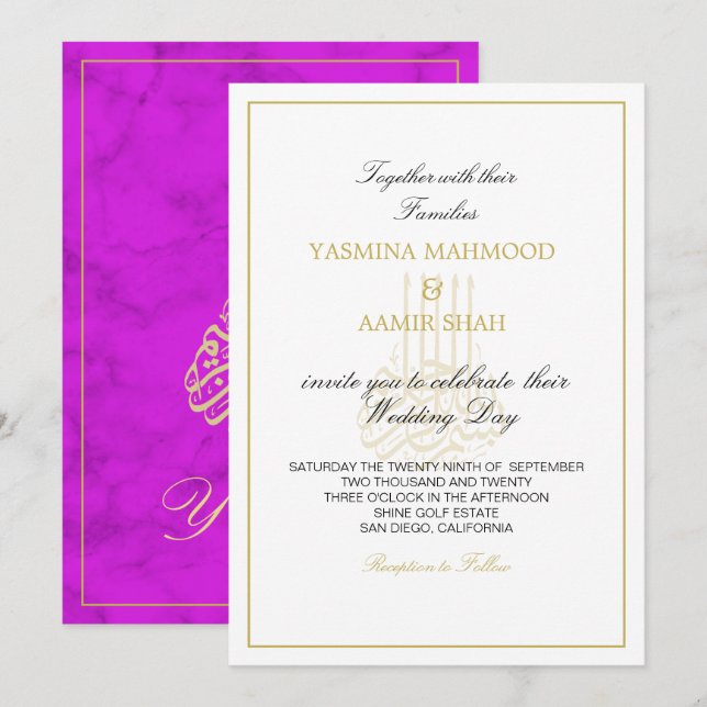 Invitación Boda indio de Bismillah Purple Gold (Anverso / Reverso)